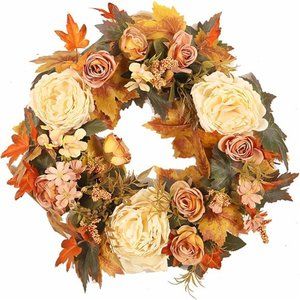 Fall Wreaths, Artificial Flowers Porch Wreath Decor with Fall Peony Maple Leaves